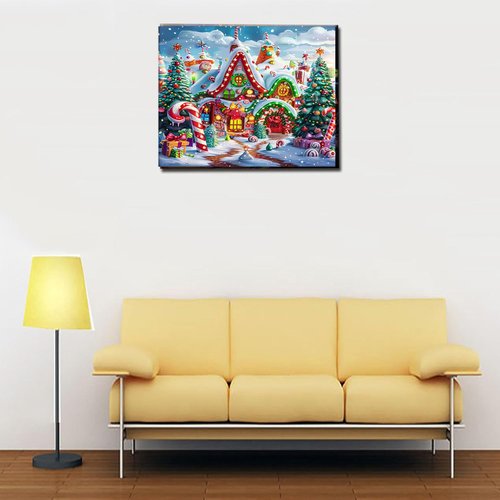 Christmas Candy House DIY Paint by Numbers for Adults Winter Snow Xmas Scenery DIY Oil Painting Acrylic Paint Art Painting Kits Canvas with Acrylic Paints Cute Holiday Art 16x20 Inch（Frameless）