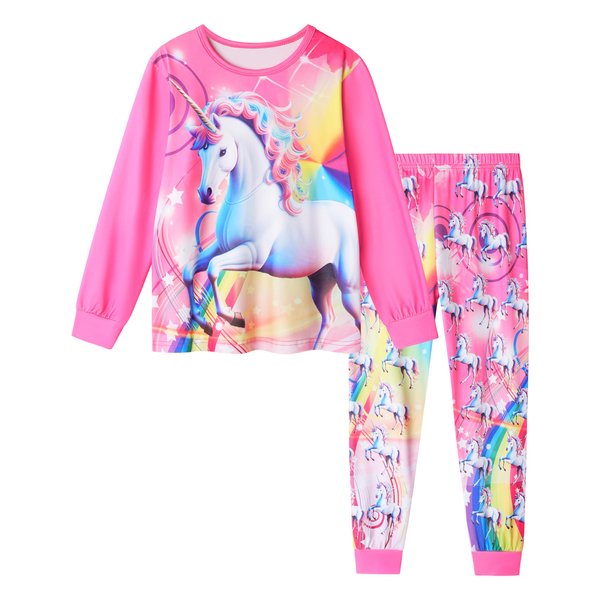 LQSZ Girls Pajama Long-Sleeve Rainbow Unicorn Girls Sleepwear PJ Set for Little Girls Size 11 12