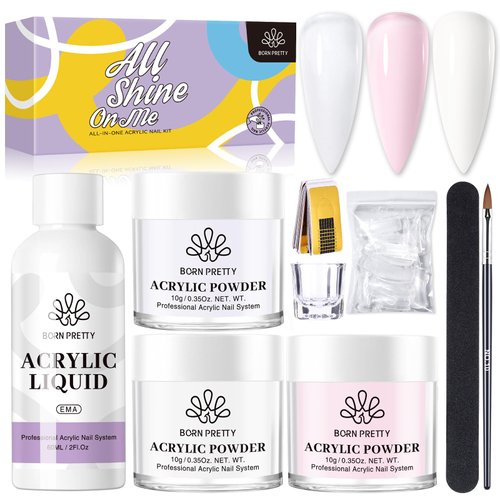 BORN PRETTY Acrylic Nail Kit Acrylic Powder And Liquid Set Clear White Pink Acrylic Powder Starter Kit with Nail Forms for Acrylic Nails Extension Beginner set