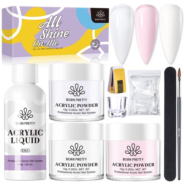 BORN PRETTY Acrylic Nail Kit Acrylic Powder And Liquid Set Clear White Pink Acrylic Powder Starter Kit with Nail Forms for Acrylic Nails Extension Beginner set
