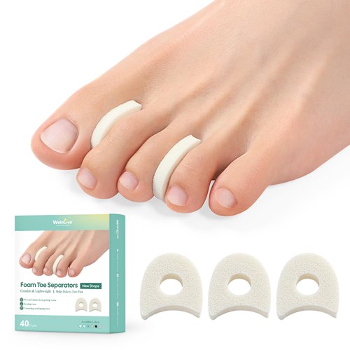 Welnove Foam Toe Separators - 40 Pack Toe Spacers for Corn, Blister, and Hammer Toe Relief - Breathable, Adhesive Options for Pain from Bunions, and Toe Overlap, toe spacers for men（1/4 Inch）