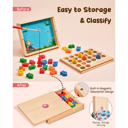Wooden Magnetic Fishing Game for Toddlers, Alphabet Educational Color Sorting Games Puzzle, Fine Motor Skills Toy with Letters, Preschool Learning ABC Cognition Toys Gift for Kids 3 4 5 Years Old