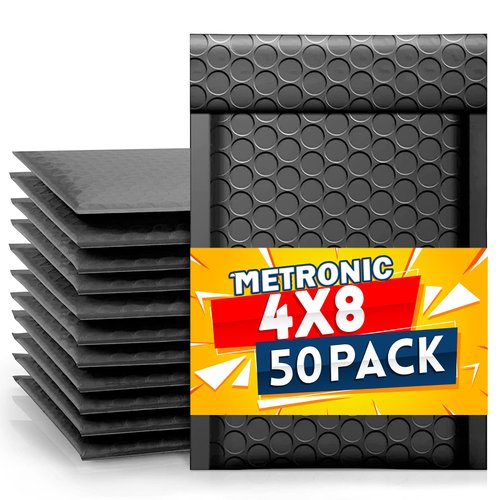 Metronic 4x8 Inch Bubble Mailer 50 Pack,Black Bubble Mailers, Waterproof Self Seal Adhesive Shipping Bags,Padded Envelopes for Shipping, Mailing, Packaging, Bulk #000