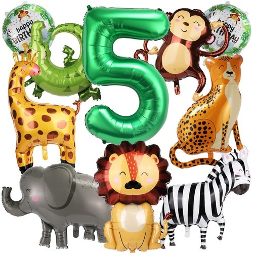 10pcs Jungle Safari Animal Balloons, Cute Jungle Theme Zoo Party Supplies Monkey Elephant Zebra Leopard Crocodile Giraffe Shaped for Birthday Party Decor (Number 5)