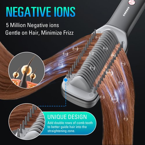 SDLOGAL Hair Straightener Brush, Hair Straightener Comb Straightening Brush for Women, with 5 Temps & Fast Heating, Easy and Fast Salon-Style, Built-in Double Ionic Generators-(Black)