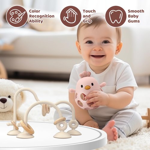Baby High Chair Suction Toys Teething Chew - Baby Table Toys, Baby Teething Toys Silicone Teethers, Food Grade Silicon for 6 12 18 Months (Beige Rosepink)