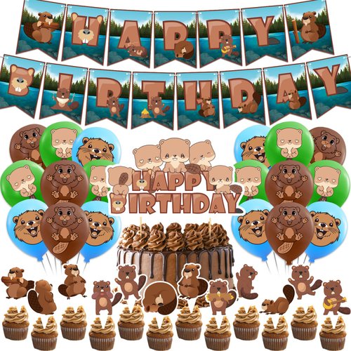 Beaver Party Decorations Beaver Birthday Party Supplies Includes Beaver Birthday Banner Cake Topper Cupcake Toppers Balloons for Birthday Decorations Canada Party Decorations