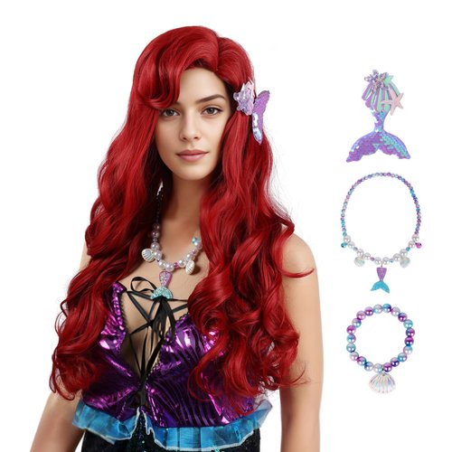 MUPUL Red Wig With Bangs wavy Red Curly Wig Long Cosplay Halloween Costume Wigs For Women
