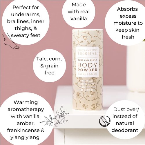 Body Powder For Women, Talc Free Powder, Bath Powder, No Corn, Grain or Gluten, Sweet Love Scent, Frankincense, Amber, Ylang Ylang, Vanilla, Ora's Amazing Herbal, 2.5 oz