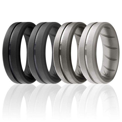 ROQ Silicone Rubber Wedding Ring for Men, Comfort Fit, Men's Wedding Band, Breathable Rubber Engagement Band, 8mm Wide 2mm Thick, Engraved Duo Middle Line, 4 Pack, Silver, Grey, Black, Size 10