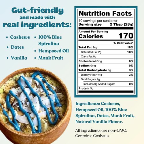 ELAVI Keto Blue Vanilla Frosting Cashew Butter Jar - Gut-Friendly, Low-Sugar Dessert Spread with Blue Spirulina | Vegan, Kid-Friendly, No Added Sugar, No Stevia, No Sugar Alcohols, No Palm Oil (10 oz jar)