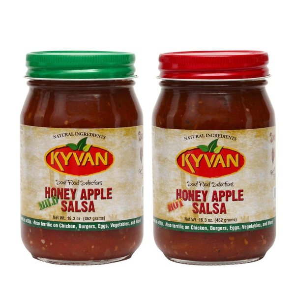 KYVAN Hot & Mild Honey Apple Salsa - 2 Pack, 16 oz, GMO Free, No High Fructose Corn Syrup, Gluten Free, Natural Ingredients, Chips and Dip, Fruit Salsa, Robust Tomatoes, Golden Honey, Crisp Apples, Array of Spices, Kettle Cooked in Small Batches