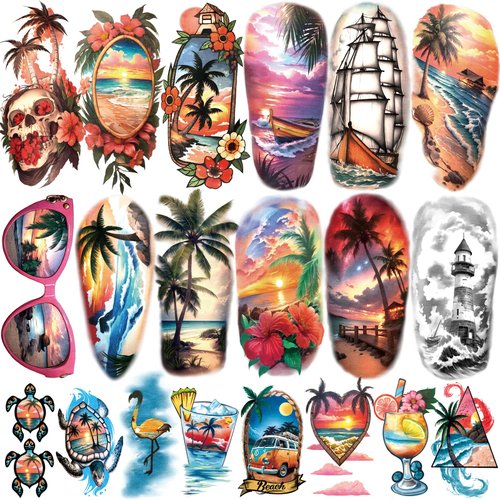 77 Sheets Temporary Tattoo, Sunset Sunglasses Beach Flower Palm Tree Hawaiian Themed Waterproof F...