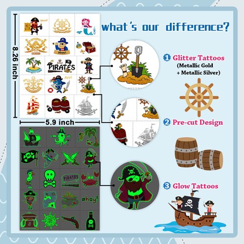 PARTYWIND 34 Styles Pirate Birthday Party Supplies, Glow + Metallic Glitter Pirate Temporary Tattoos for Kids Party Favors Decorations, Pirate Tattoo Stickers Accessories Games for Boys and Girls
