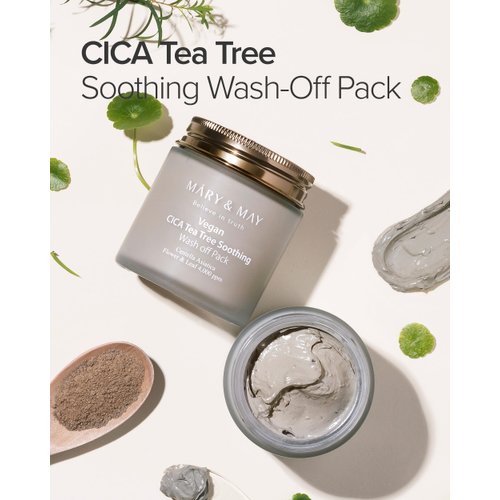 Mary&May Vegan Cica Tea Tree Soothing Wash Off Pack - Natural Centella Clay Mask for Sensitive Skin, Relieves Irritation, Cleanses Pores, and Hydrates, 4.4oz.