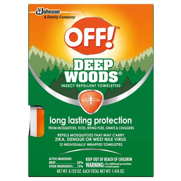 OFF! Deep Woods Insect Repellent Towelettes, Long Lasting Protection from Mosquitoes, Unscented, 12 Count Individually Wrapped Wipes