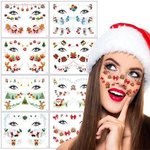 Christmas Makeup Temporary Face Tattoo Sticker Santa Claus Snowman Elk Snowflake Tatoo Stickers Face Freckle Tattoo Stickers for Women Masquerade New Year Xmas Party Makeup Decals Supplies