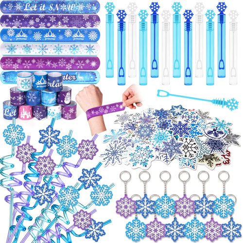 Golray 98pcs Frozen Party Favors Elsa Birthday Supplies for Girls Kids Snowflake Straw Bubble Wan...