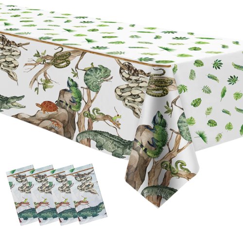 HIPVVILD Reptile Birthday Party Supplies Tablecloth - Disposable Decorations Tablecover, Jungle Swamp Animal Lizard Snake Birthday Party Decorations Table Cloth - 4 Pack (54in x 108in)