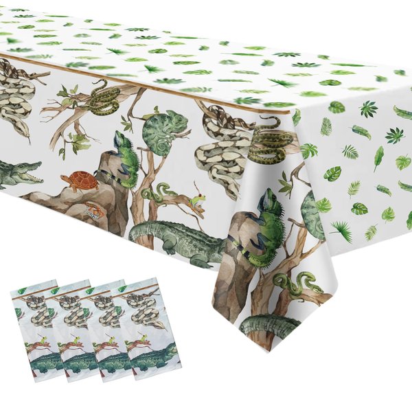 HIPVVILD Reptile Birthday Party Supplies Tablecloth - Disposable Decorations Tablecover, Jungle Swamp Animal Lizard Snake Birthday Party Decorations Table Cloth - 4 Pack (54in x 108in)