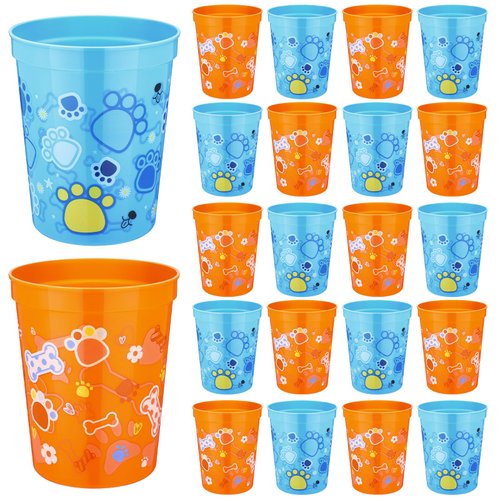 Qinyoung 24 Pcs Blue Dog Birthday Party Supplies 16 Oz Blue Orange Plastic Cups Reusable Dog Paw Themed Cups for Blue Birthday Decorations, Birthday Party Cups for Ice Coffee, Smoothie, Juice