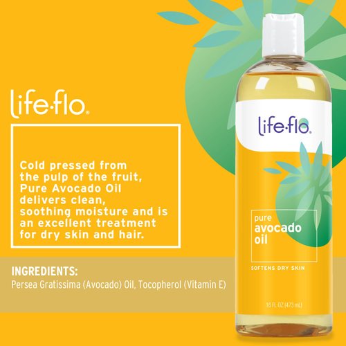 Life-flo Pure Avocado Oil for Skin Care, Hair Care and Massage, Cold Pressed, Face and Body Moisturizer, Naturally Rich in Protein, Vitamins A, D and E, 60-Day Guarantee, Not Tested on Animals, 16oz