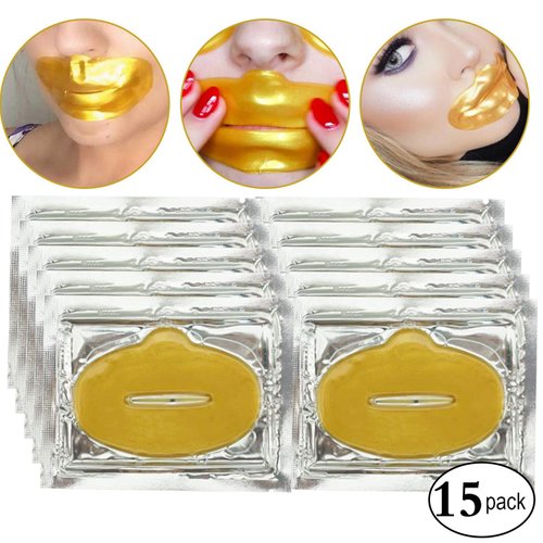 KlsyChry 24K Gold Bio Collagen Crystal Lip Mask Gel Pads for Remove Lines, Moisturizing, Anti-Wrinkle, Anti-Aging, Nourishing & Hydrating Lip Mask Sheet Patches (15Pcs/Set)