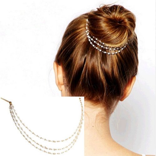 AKOAK Punk Hair Cuff Pin Clip 2 Combs Multilayer Tassels Artificial Pearl Chains Decorate Hair Clip Headwear Edge Clips Boho Meatball Head Accessories