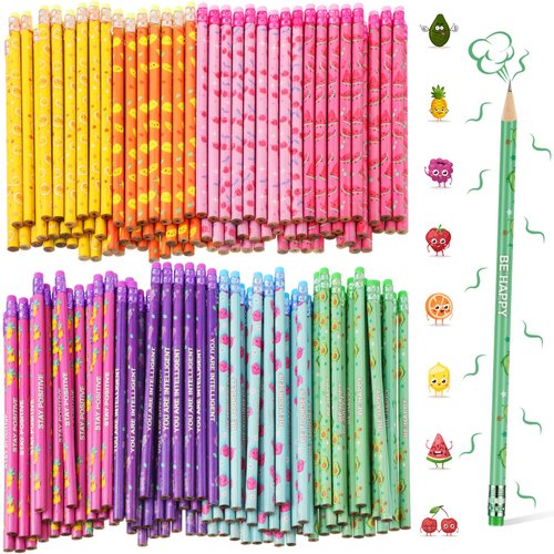 200PCS Bulk Scented Pencils for Kids Inspirational HB Pencils with Erasers Cylinder Colorful Fun Wood Pencils Motivational Graphite Pencils with Fruit Elements for School Office Classroom Students