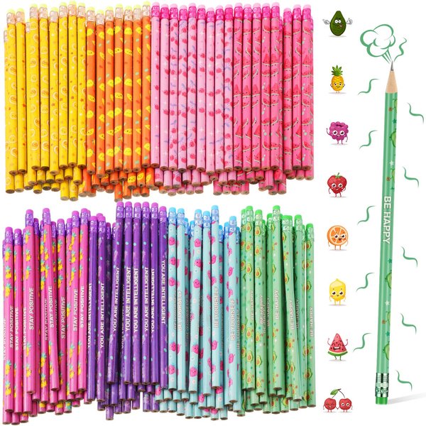 200PCS Bulk Scented Pencils for Kids Inspirational HB Pencils with Erasers Cylinder Colorful Fun Wood Pencils Motivational Graphite Pencils with Fruit Elements for School Office Classroom Students