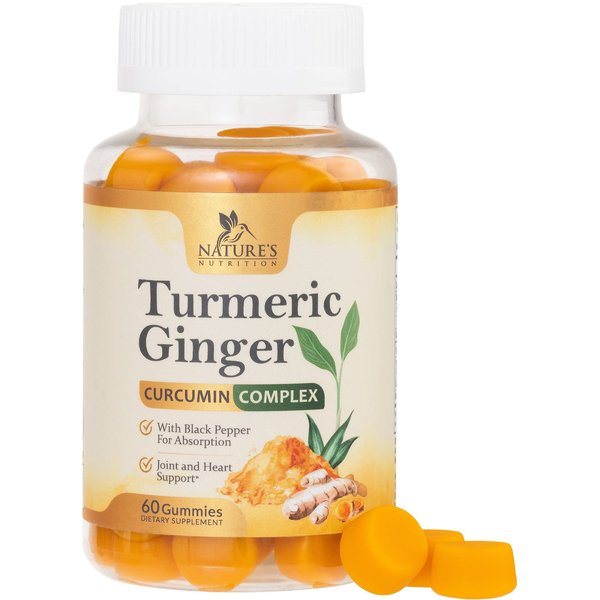 Turmeric Curcumin & Ginger Gummies 95% Curcuminoids with Black Pepper Extract for Max Absorption Joint Support, Nature's Tumeric Herbal Extract Supplement, Vegan Gummy Capsules, Non-GMO - 60 Gummies