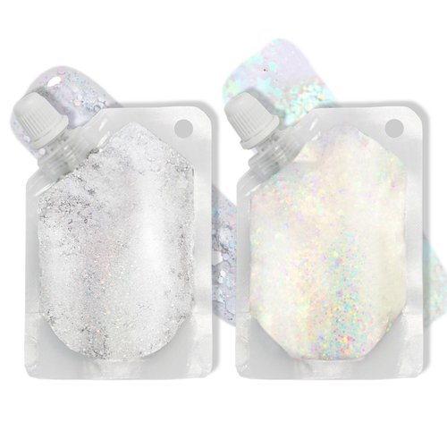 CAHIUYOA 2PCS White Silver Face Glitter Gel Holographic Glitter Gel for Body Hair Lip Glitter Makeup Long Lasting Waterproof Sequins Glitter for Halloween Concert Rave Party Accessories