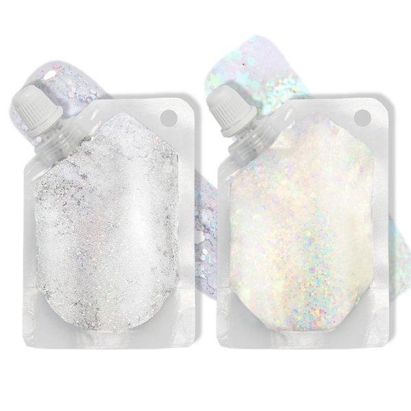 CAHIUYOA 2PCS White Silver Face Glitter Gel Holographic Glitter Gel for Body Hair Lip Glitter Makeup Long Lasting Waterproof Sequins Glitter for Halloween Concert Rave Party Accessories