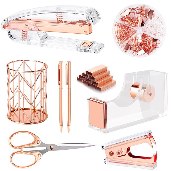 Famassi Rose Gold Desk Accessories，Office Supplies Set Acrylic Stapler Set Staple Remover, Tape Holder, 2 Ballpoint Pen, Scissor, Binder/Paper Clips and 1000pcs Staples.