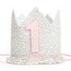 White 1st Birthday Crown For Girls，Glitter Boho 1st Birthday Crown，Milky White 1st Birthday Hat For Girls，Pink And White First Birthday Party Hat，Natural Boho Decorations For Baby's First Birthday