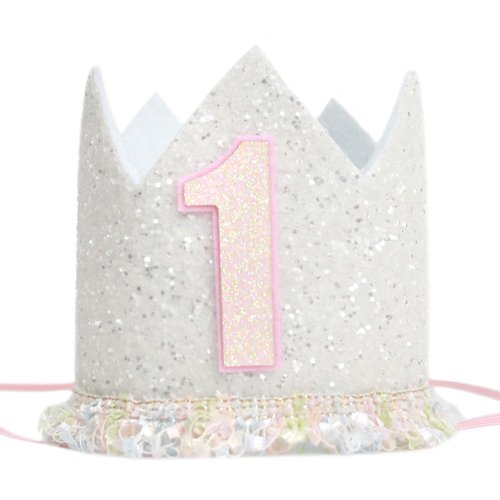 White 1st Birthday Crown For Girls，Glitter Boho 1st Birthday Crown，Milky White 1st Birthday Hat For Girls，Pink And White First Birthday Party Hat，Natural Boho Decorations For Baby's First Birthday