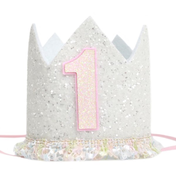 White 1st Birthday Crown For Girls，Glitter Boho 1st Birthday Crown，Milky White 1st Birthday Hat For Girls，Pink And White First Birthday Party Hat，Natural Boho Decorations For Baby's First Birthday