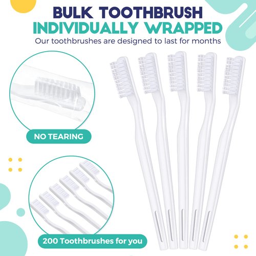 CHENGU 200 Pack Individually Wrapped Disposable Toothbrush Bulk Single Use Toothbrush Travel Toothbrushes Disposable Soft Bristle Adult Toothbrush Manual Tooth Brush for Women Men Hotels(White)