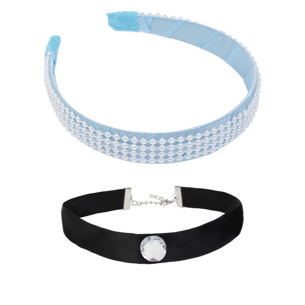 WOVOWOVO Women Princess Headband and Choker Costume Accessories Set, 1 Inch Wide Blue Pearl Headbands for Adult Women Halloween Cosplay Dress Up Hair Accessories