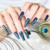 Blue Chrome Press On Nails Metallic Mirror Coffin Aurora Fake Nails Extra Long Ladies Nail Art Designs For Fingertips