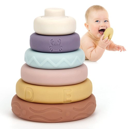 Mini Tudou Stacking & Nesting Circle Toy,6 Pcs Soft Building Rings Stacker & Teethers,Squeeze Play with Early Educational Learning Stacking Tower, Toy for 6+ Months Boys & Girls