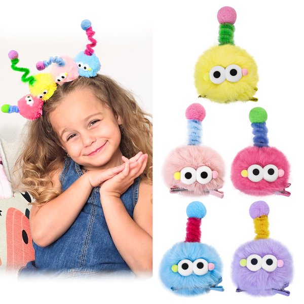 Z-CHARMMY Fluffy Pom Poms Hair Clips, Crazy Hair Day Accessories for Girls, Cartoon Hair Clips for Toddler, Quirky Little Monster Barrettes, Christmas Stocking Stuffers for Kids, 5 Pieces