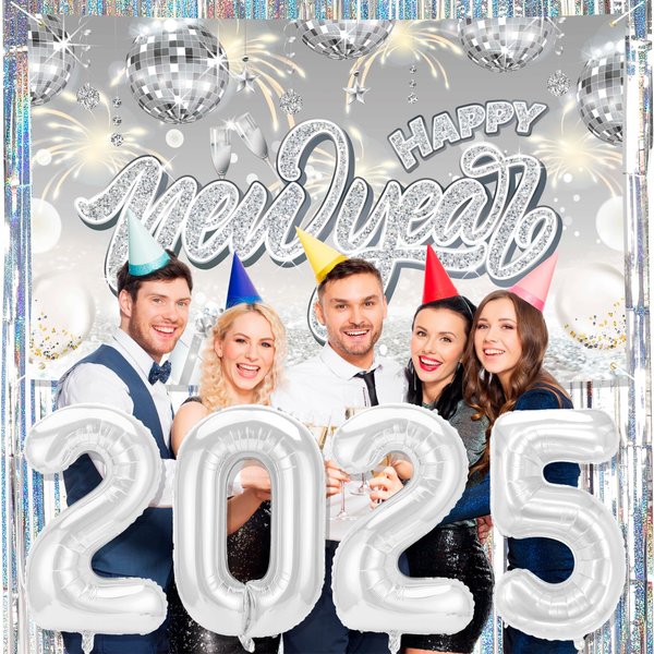 HOWAF New Years Decorations 2025 Happy New Year Decorations, Silver New Years Backdrop 2025 Happy New Year Banner Foil Fringe Curtains Tnsel Backdrop 2025 Balloons for NYE Decorations 2025