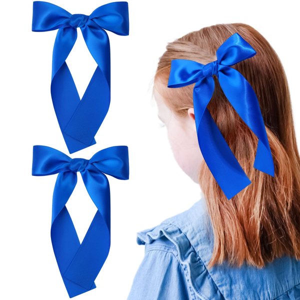 2Pcs Long Ribbon Hair Bows for Girls Hair Clip Silk Hair Bow Ribbon Hair Accessories for Baby Toddlers Infant Teens Kids (Blue)