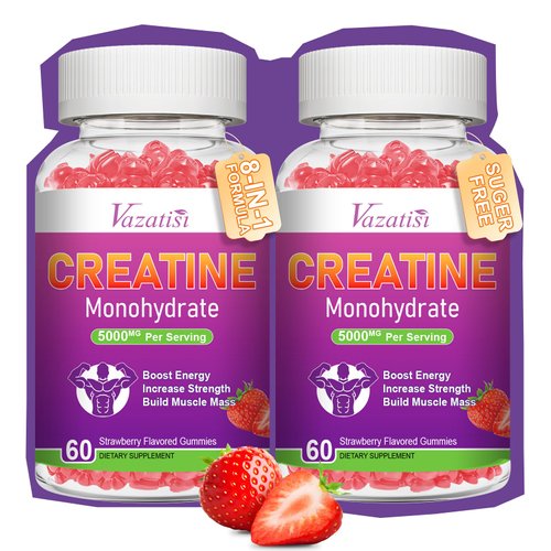 2 Pack Creatine Monohydrate Gummies 5g for Women & Men, Sugar Free Vegan Creatine Supplement for Build Muscles, Increase Energy & Strength, Natural Strawberry Flavor, 120 Count