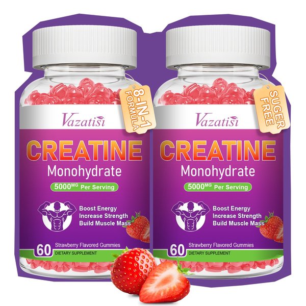 2 Pack Creatine Monohydrate Gummies 5g for Women & Men, Sugar Free Vegan Creatine Supplement for Build Muscles, Increase Energy & Strength, Natural Strawberry Flavor, 120 Count