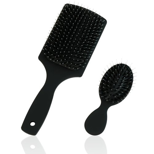 Boar Bristle Brush Set by Everlong, Boar Hair & Nylon Mix Paddle & Mini Brush Duo, Add Shine and Stimulate Scalp, Regular & Travel Size, Safe for Hair Extensions & Wigs
