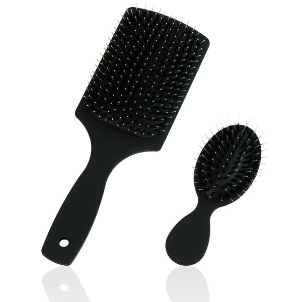 Boar Bristle Brush Set by Everlong, Boar Hair & Nylon Mix Paddle & Mini Brush Duo, Add Shine and Stimulate Scalp, Regular & Travel Size, Safe for Hair Extensions & Wigs