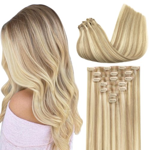 GOO GOO Clip in Hair Extensions Real Human Hair, Remy Human Hair Extensions Clip ins for Women, Natural Human Hair, 14inch 110g 7Pcs, 18A/613A Dark Blonde Highlighted Bleach Blonde