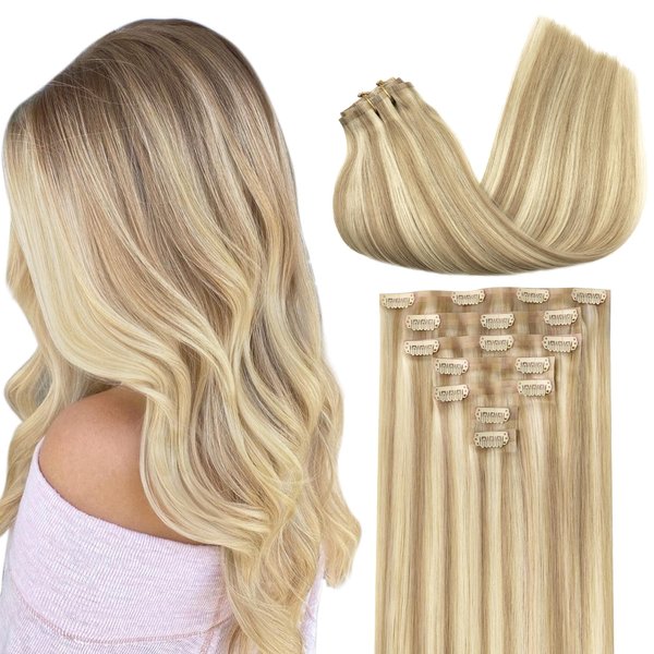 GOO GOO Clip in Hair Extensions Real Human Hair, Remy Human Hair Extensions Clip ins for Women, Natural Human Hair, 14inch 110g 7Pcs, 18A/613A Dark Blonde Highlighted Bleach Blonde